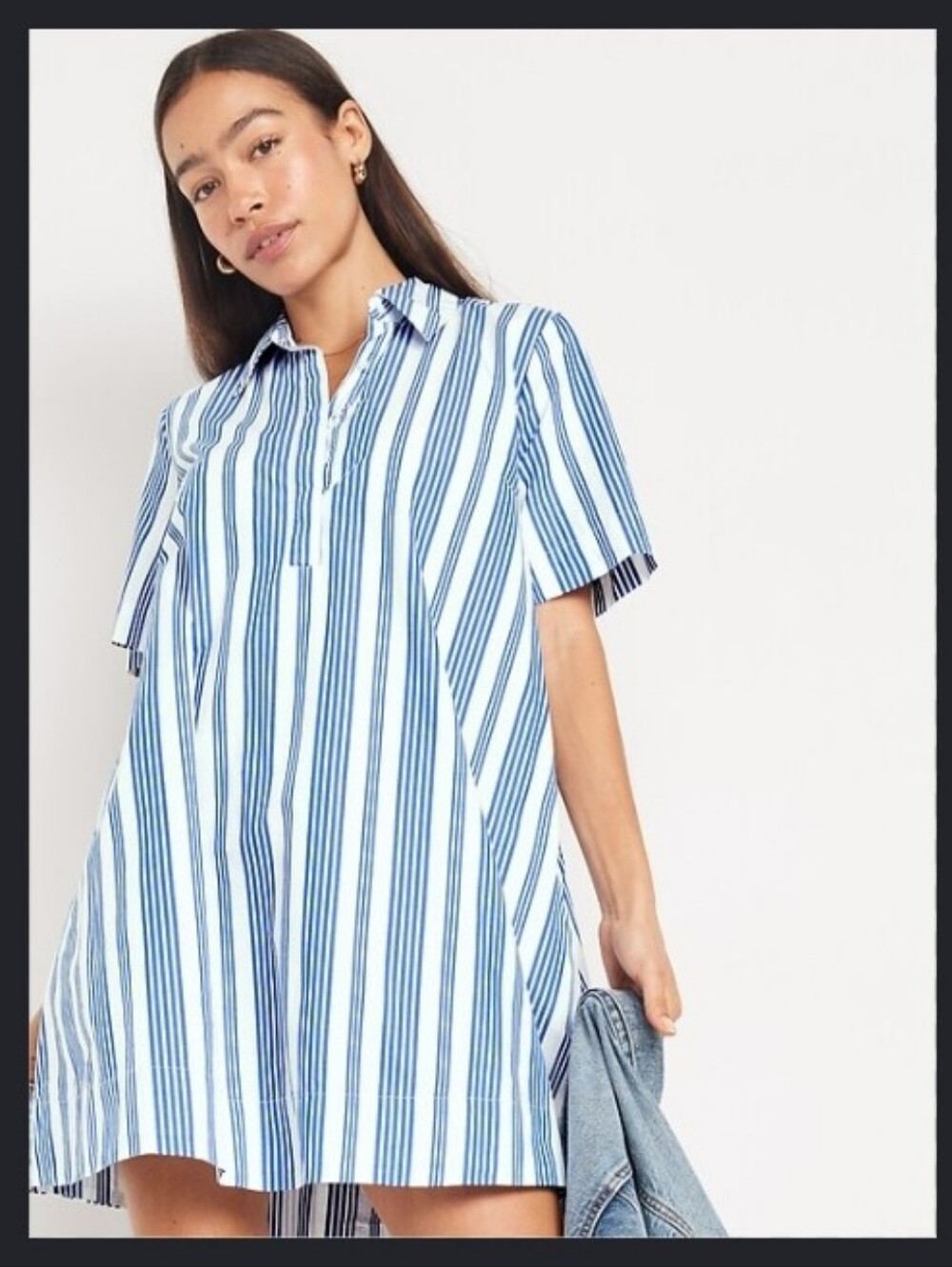 Old Navy Blue/White Striped Short-Sleeve Button-Down Swing Shirt Dress Size L